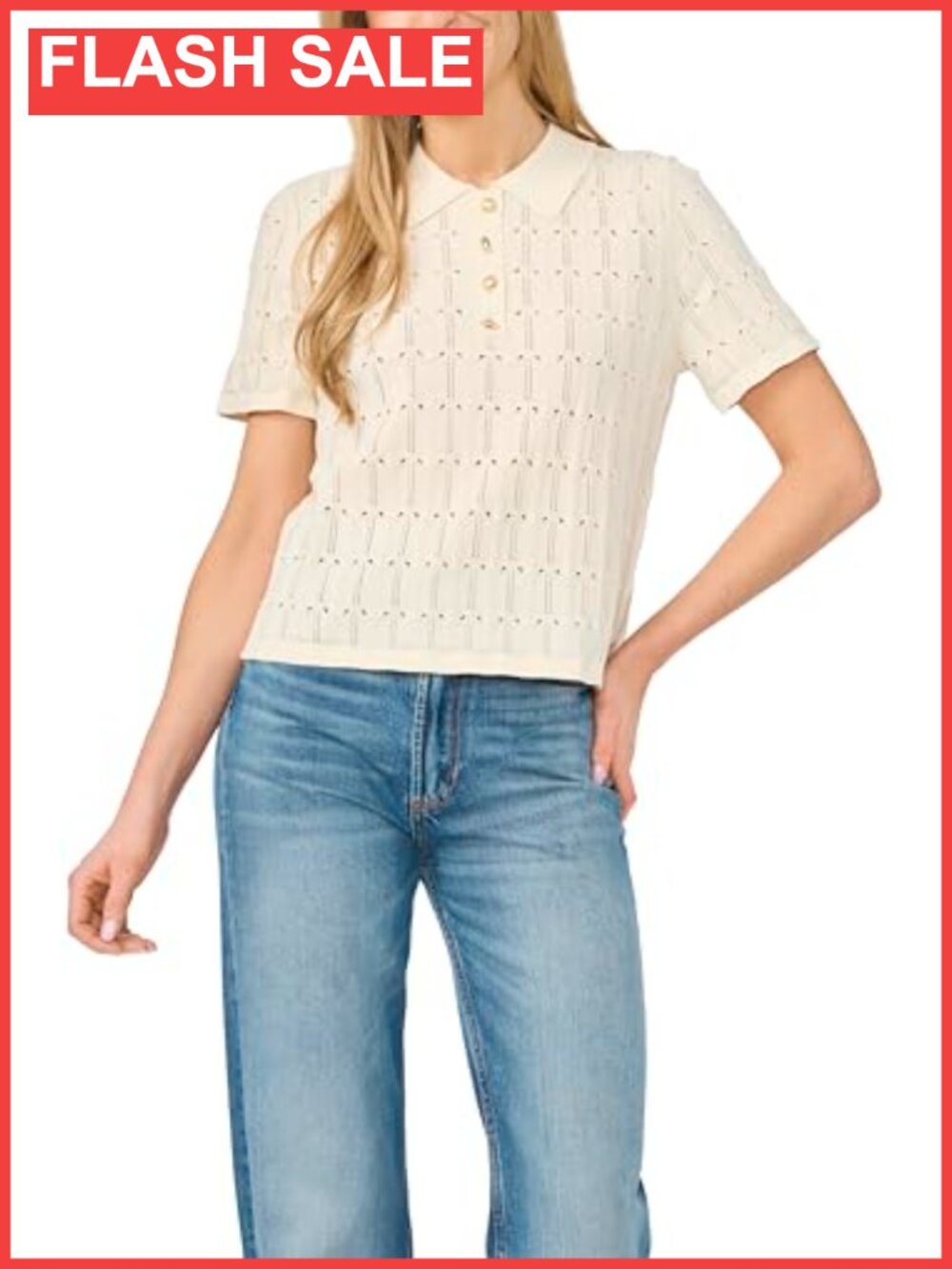 Pointelle Knit Collared Short Sleeve Top Regular Fit